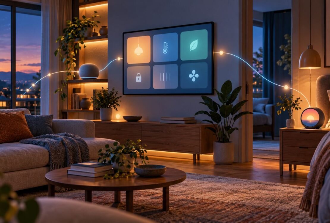 Sala ligada a um quarto por uma linha luminosa, com ecrã doméstico, coluna e relógio inteligente genéricos.