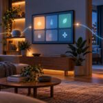 Sala ligada a um quarto por uma linha luminosa, com ecrã doméstico, coluna e relógio inteligente genéricos.