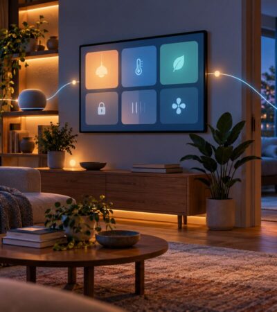 Sala ligada a um quarto por uma linha luminosa, com ecrã doméstico, coluna e relógio inteligente genéricos.