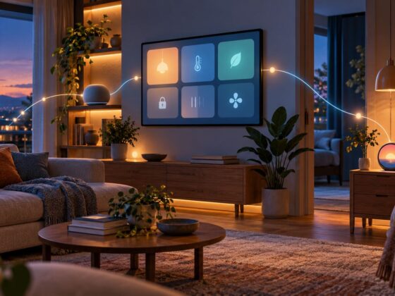 Sala ligada a um quarto por uma linha luminosa, com ecrã doméstico, coluna e relógio inteligente genéricos.