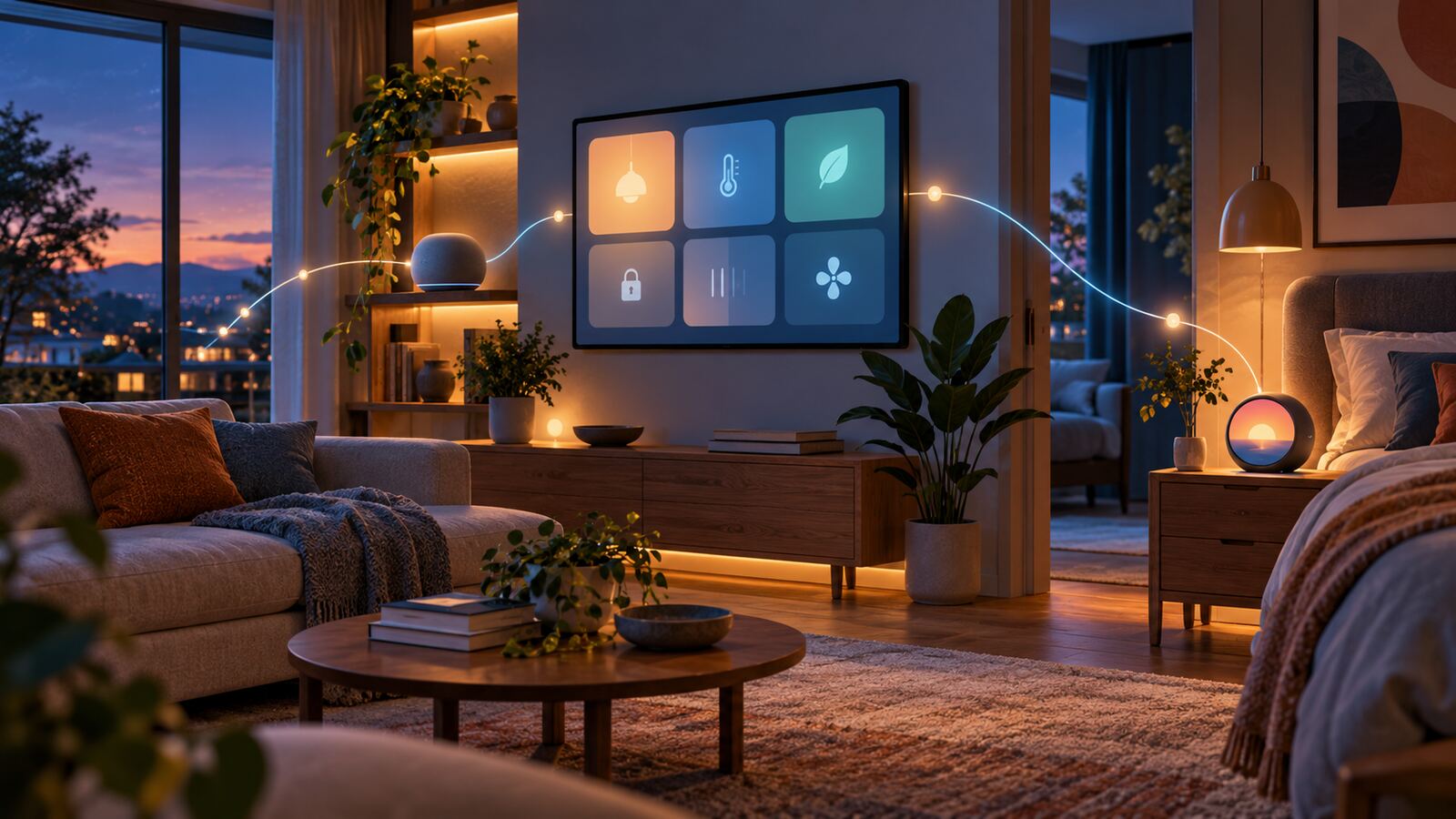 Sala ligada a um quarto por uma linha luminosa, com ecrã doméstico, coluna e relógio inteligente genéricos.