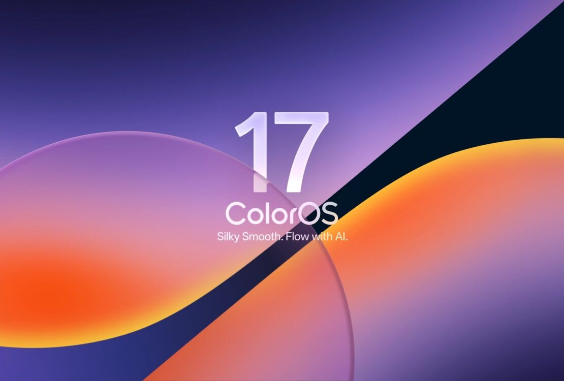 Imagem oficial do ColorOS 17 com formas curvas em tons roxos, laranja e azul e a identificação ColorOS 17 ao centro