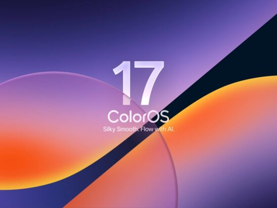 Imagem oficial do ColorOS 17 com formas curvas em tons roxos, laranja e azul e a identificação ColorOS 17 ao centro