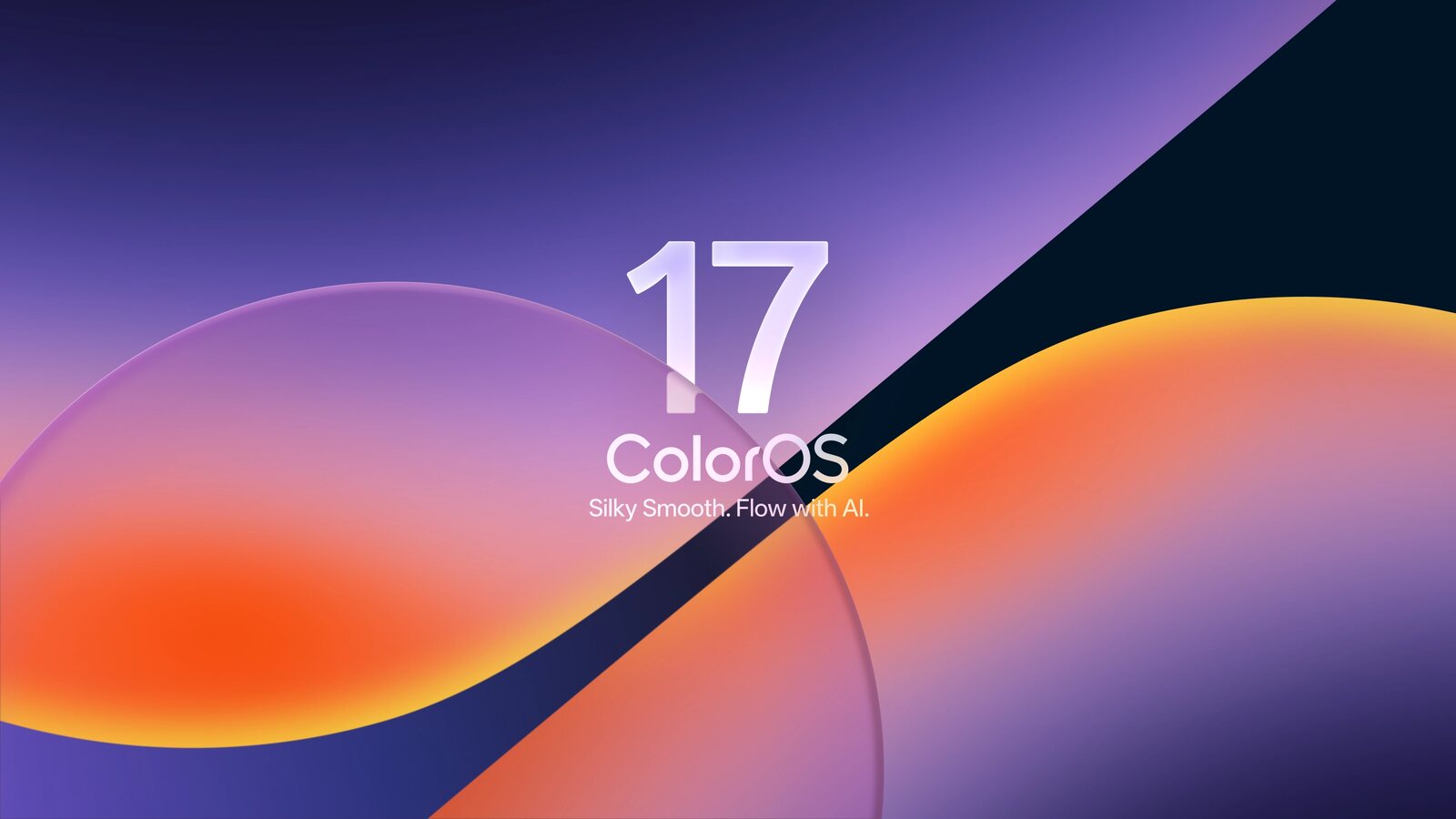 Imagem oficial do ColorOS 17 com formas curvas em tons roxos, laranja e azul e a identificação ColorOS 17 ao centro