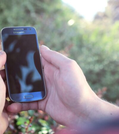 Mãos seguram um smartphone Samsung ao ar livre, com vegetação desfocada ao fundo.