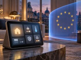 Ilustração conceptual de um ecrã doméstico inteligente numa sala, junto a uma barreira azul com estrelas da União Europeia.