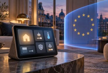 Ilustração conceptual de um ecrã doméstico inteligente numa sala, junto a uma barreira azul com estrelas da União Europeia.