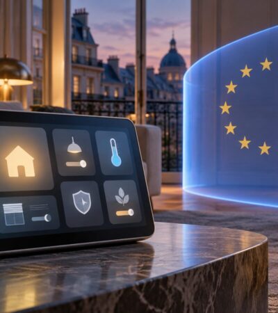 Ilustração conceptual de um ecrã doméstico inteligente numa sala, junto a uma barreira azul com estrelas da União Europeia.