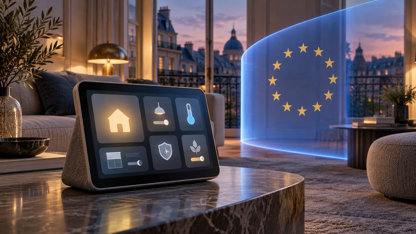 Ilustração conceptual de um ecrã doméstico inteligente numa sala, junto a uma barreira azul com estrelas da União Europeia.