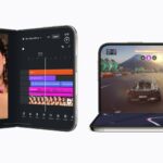 Dois iPhone Duo mostram uma aplicação de edição de vídeo e um jogo adaptados aos ecrãs dobráveis.