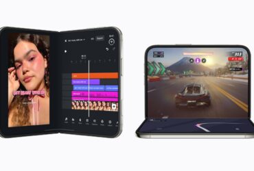 Dois iPhone Duo mostram uma aplicação de edição de vídeo e um jogo adaptados aos ecrãs dobráveis.