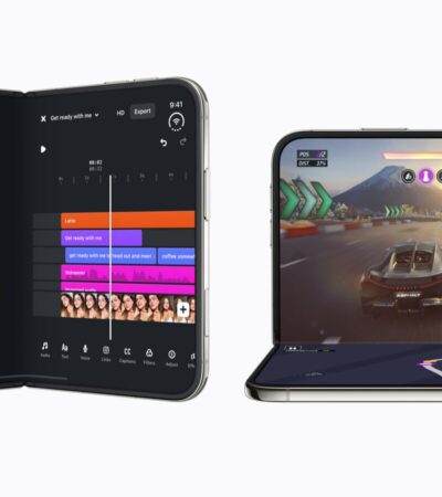 Dois iPhone Duo mostram uma aplicação de edição de vídeo e um jogo adaptados aos ecrãs dobráveis.