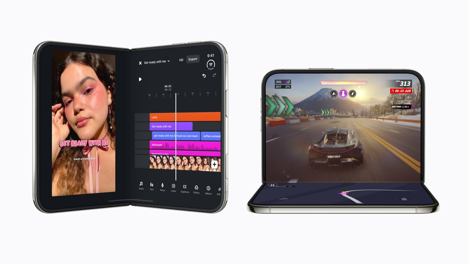 Dois iPhone Duo mostram uma aplicação de edição de vídeo e um jogo adaptados aos ecrãs dobráveis.