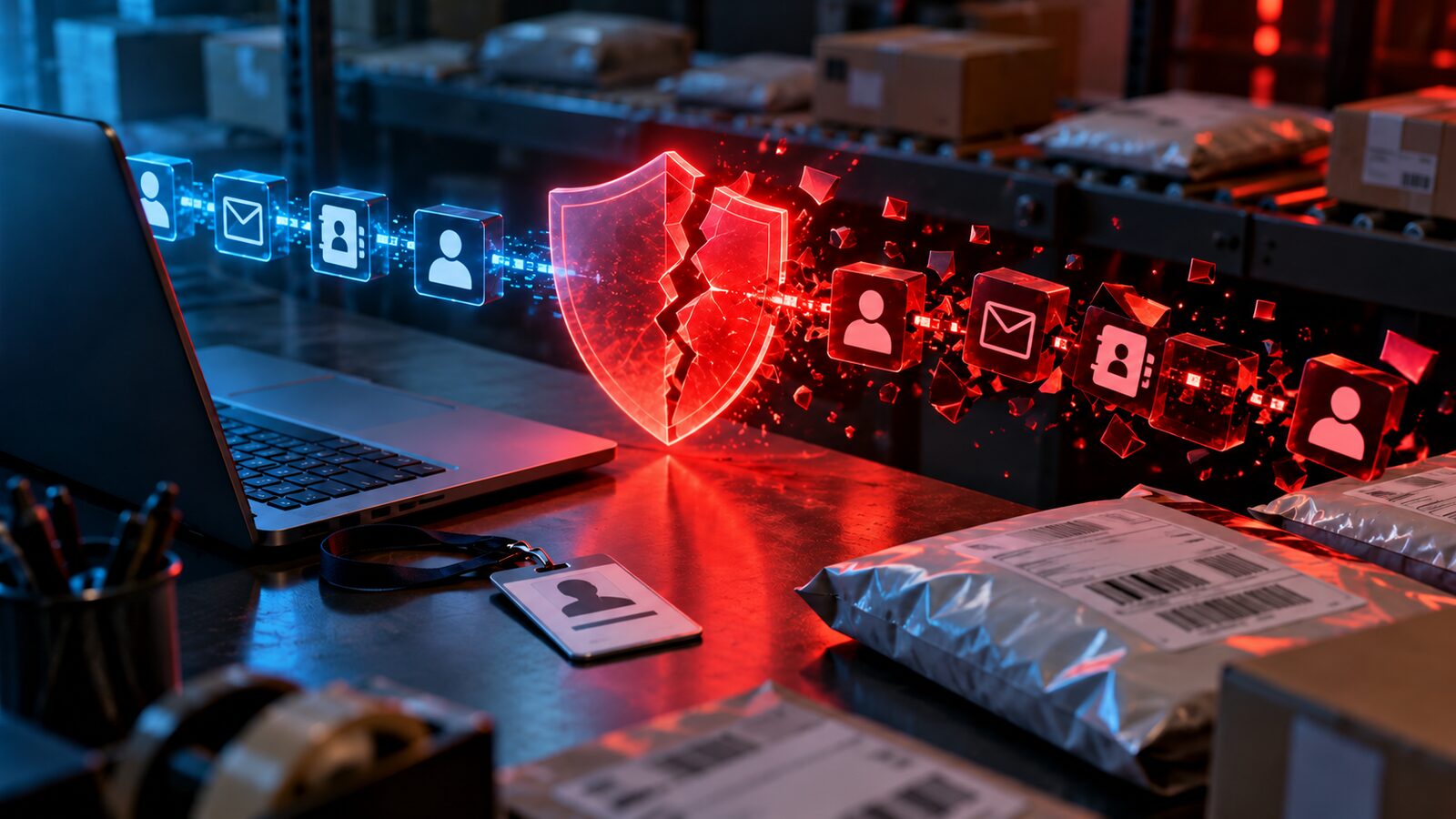Ilustração de um portátil e encomendas junto a um escudo digital partido, com símbolos de contactos expostos em luz vermelha e azul.