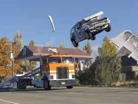 Automóvel deformado salta sobre um camião numa captura oficial de BeamNG.drive.