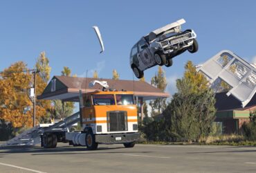Automóvel deformado salta sobre um camião numa captura oficial de BeamNG.drive.