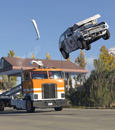 Automóvel deformado salta sobre um camião numa captura oficial de BeamNG.drive.
