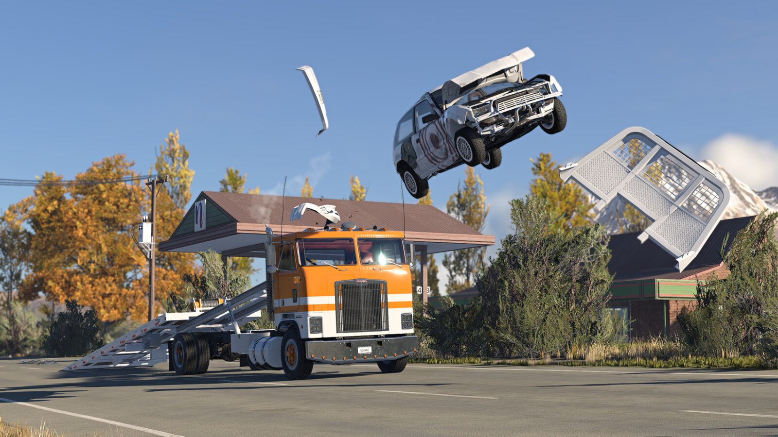 Automóvel deformado salta sobre um camião numa captura oficial de BeamNG.drive.