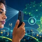 Mulher usa o reconhecimento facial no celular diante de um mapa digital do Brasil, com ícones de cadeado e cartão SIM.