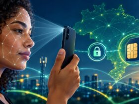Mulher usa o reconhecimento facial no celular diante de um mapa digital do Brasil, com ícones de cadeado e cartão SIM.