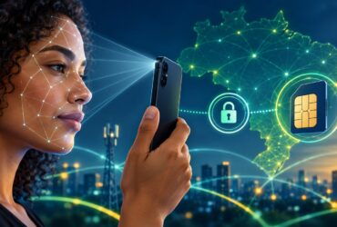 Mulher usa o reconhecimento facial no celular diante de um mapa digital do Brasil, com ícones de cadeado e cartão SIM.