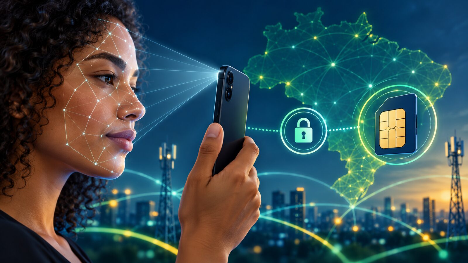 Mulher usa o reconhecimento facial no celular diante de um mapa digital do Brasil, com ícones de cadeado e cartão SIM.