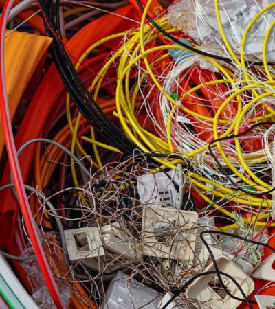Cabos coloridos e pequenos componentes elétricos reunidos para reciclagem.