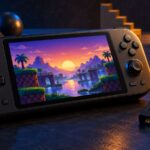 Consola portátil genérica com cenário retro no ecrã e um cartucho físico ao lado