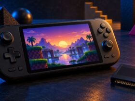 Consola portátil genérica com cenário retro no ecrã e um cartucho físico ao lado