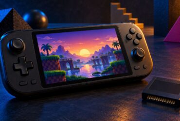 Consola portátil genérica com cenário retro no ecrã e um cartucho físico ao lado