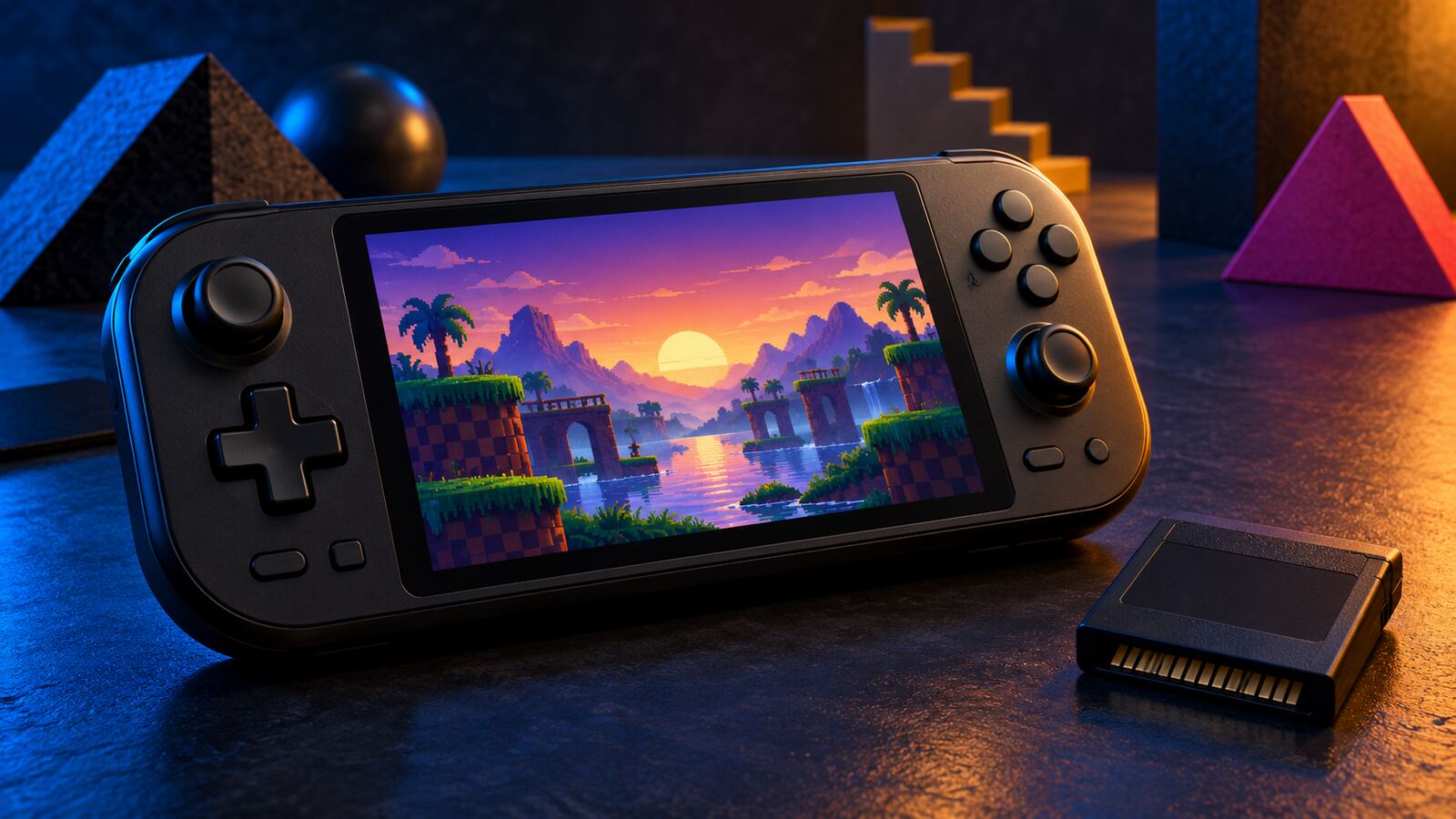 Consola portátil genérica com cenário retro no ecrã e um cartucho físico ao lado