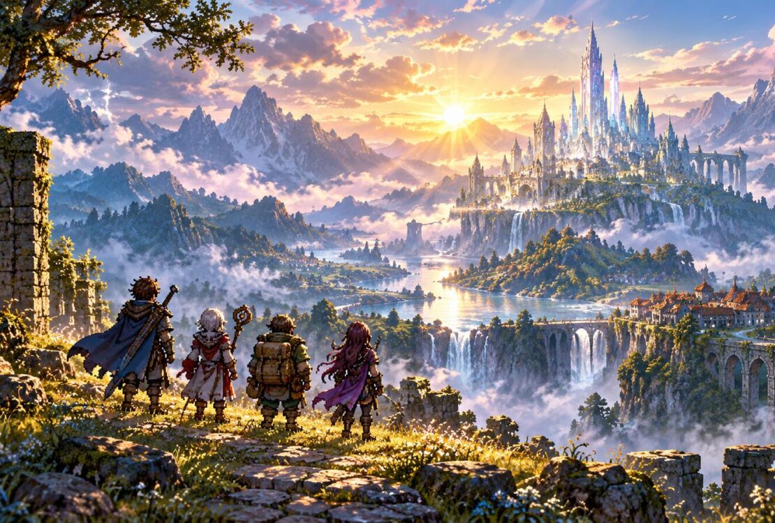 Quatro aventureiros observam uma cidade de fantasia entre montanhas e cascatas ao nascer do sol.