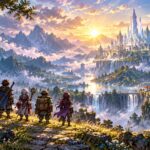 Quatro aventureiros observam uma cidade de fantasia entre montanhas e cascatas ao nascer do sol.