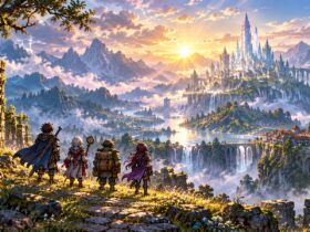 Quatro aventureiros observam uma cidade de fantasia entre montanhas e cascatas ao nascer do sol.