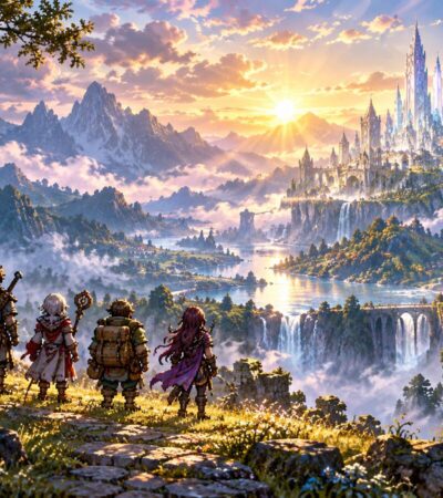 Quatro aventureiros observam uma cidade de fantasia entre montanhas e cascatas ao nascer do sol.