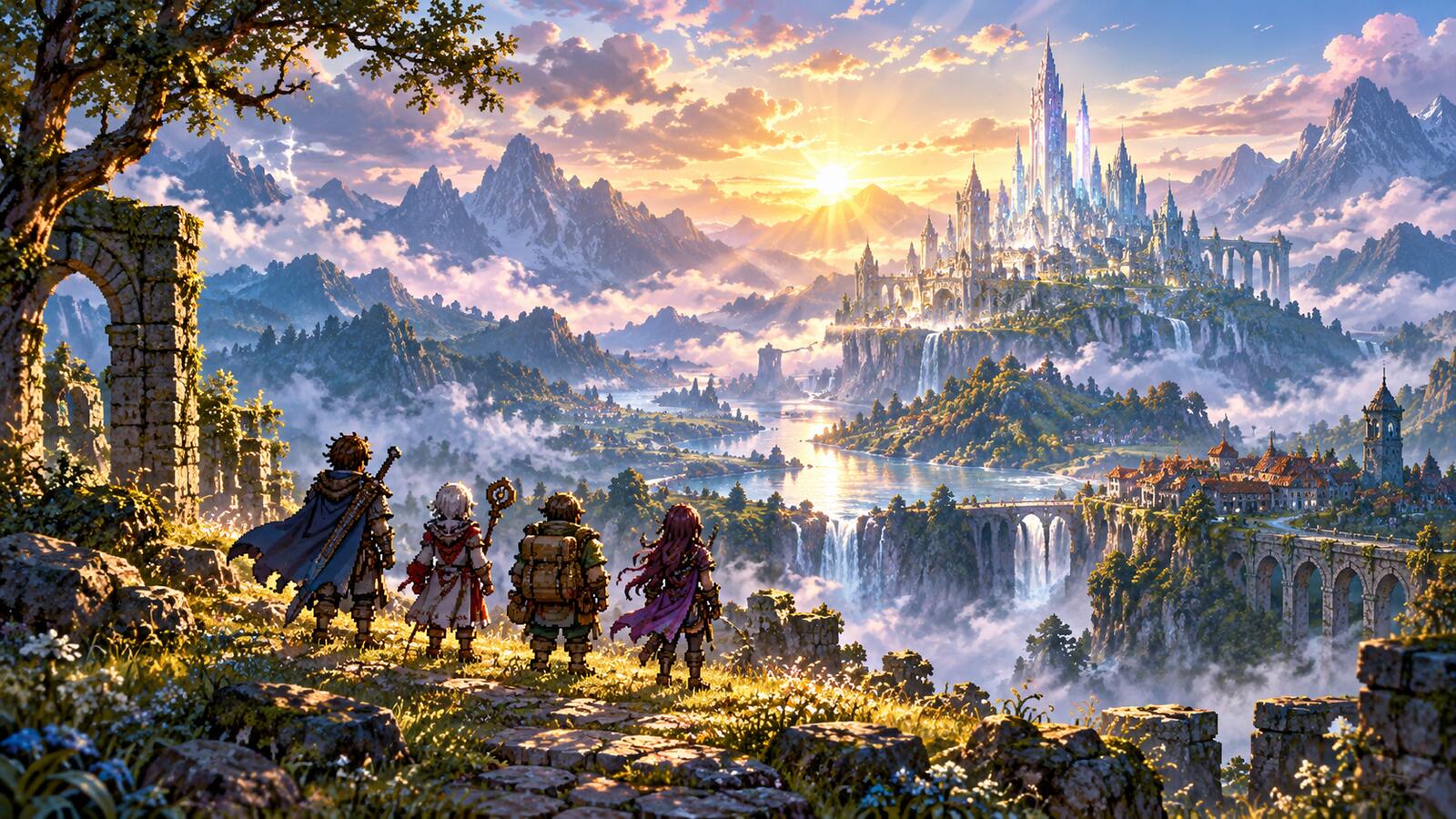 Quatro aventureiros observam uma cidade de fantasia entre montanhas e cascatas ao nascer do sol.