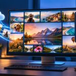 Ilustração de um monitor com galeria de fotografias, um telemóvel, uma nuvem e controlos visuais de edição.