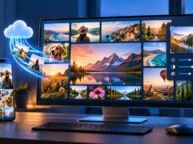 Ilustração de um monitor com galeria de fotografias, um telemóvel, uma nuvem e controlos visuais de edição.