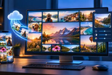 Ilustração de um monitor com galeria de fotografias, um telemóvel, uma nuvem e controlos visuais de edição.