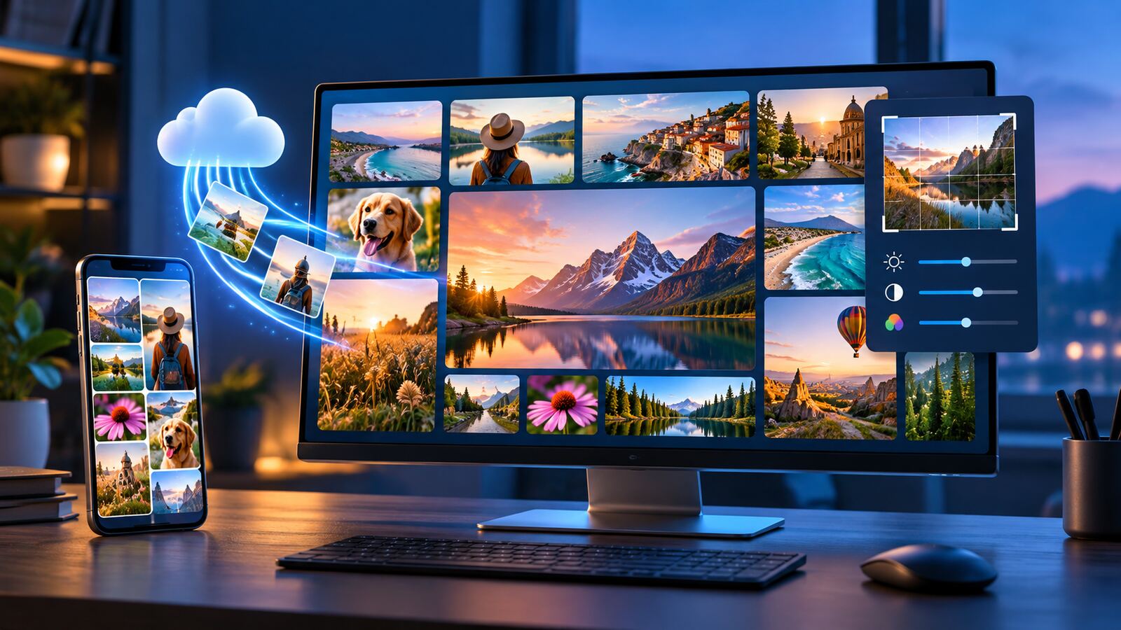 Ilustração de um monitor com galeria de fotografias, um telemóvel, uma nuvem e controlos visuais de edição.