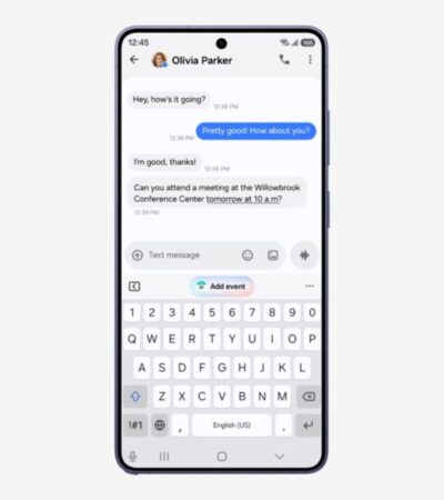 Telemóvel Galaxy com One UI 9 mostra uma conversa e a sugestão de adicionar um evento ao calendário.