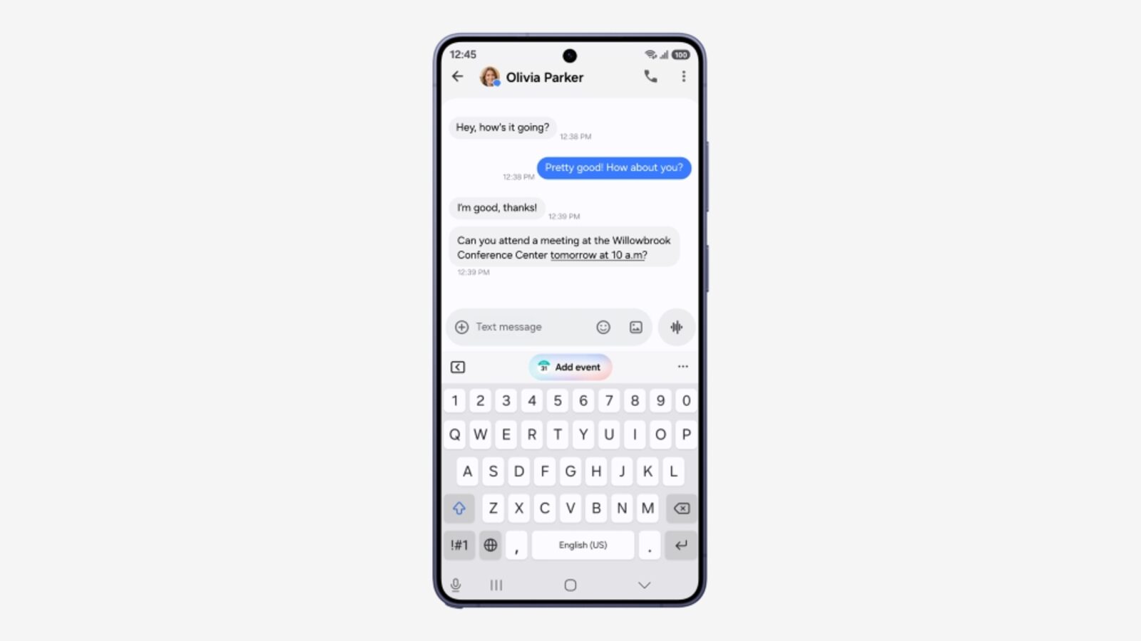 Telemóvel Galaxy com One UI 9 mostra uma conversa e a sugestão de adicionar um evento ao calendário.