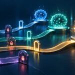 Ilustração com quatro caminhos luminosos, portões com cadeados e três esferas de rede neural em diferentes níveis de acesso.