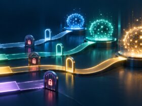 Ilustração com quatro caminhos luminosos, portões com cadeados e três esferas de rede neural em diferentes níveis de acesso.