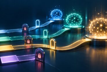 Ilustração com quatro caminhos luminosos, portões com cadeados e três esferas de rede neural em diferentes níveis de acesso.