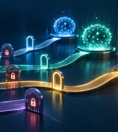 Ilustração com quatro caminhos luminosos, portões com cadeados e três esferas de rede neural em diferentes níveis de acesso.