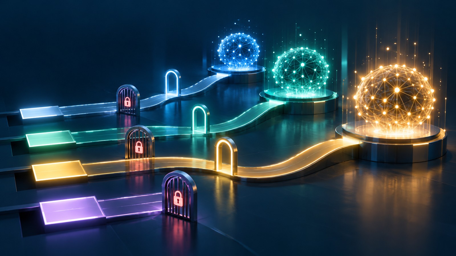 Ilustração com quatro caminhos luminosos, portões com cadeados e três esferas de rede neural em diferentes níveis de acesso.