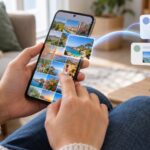 Pessoa segura um smartphone com uma galeria de fotografias enquanto uma imagem é partilhada para duas mensagens ilustradas.