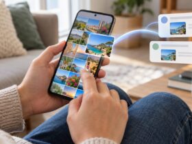 Pessoa segura um smartphone com uma galeria de fotografias enquanto uma imagem é partilhada para duas mensagens ilustradas.