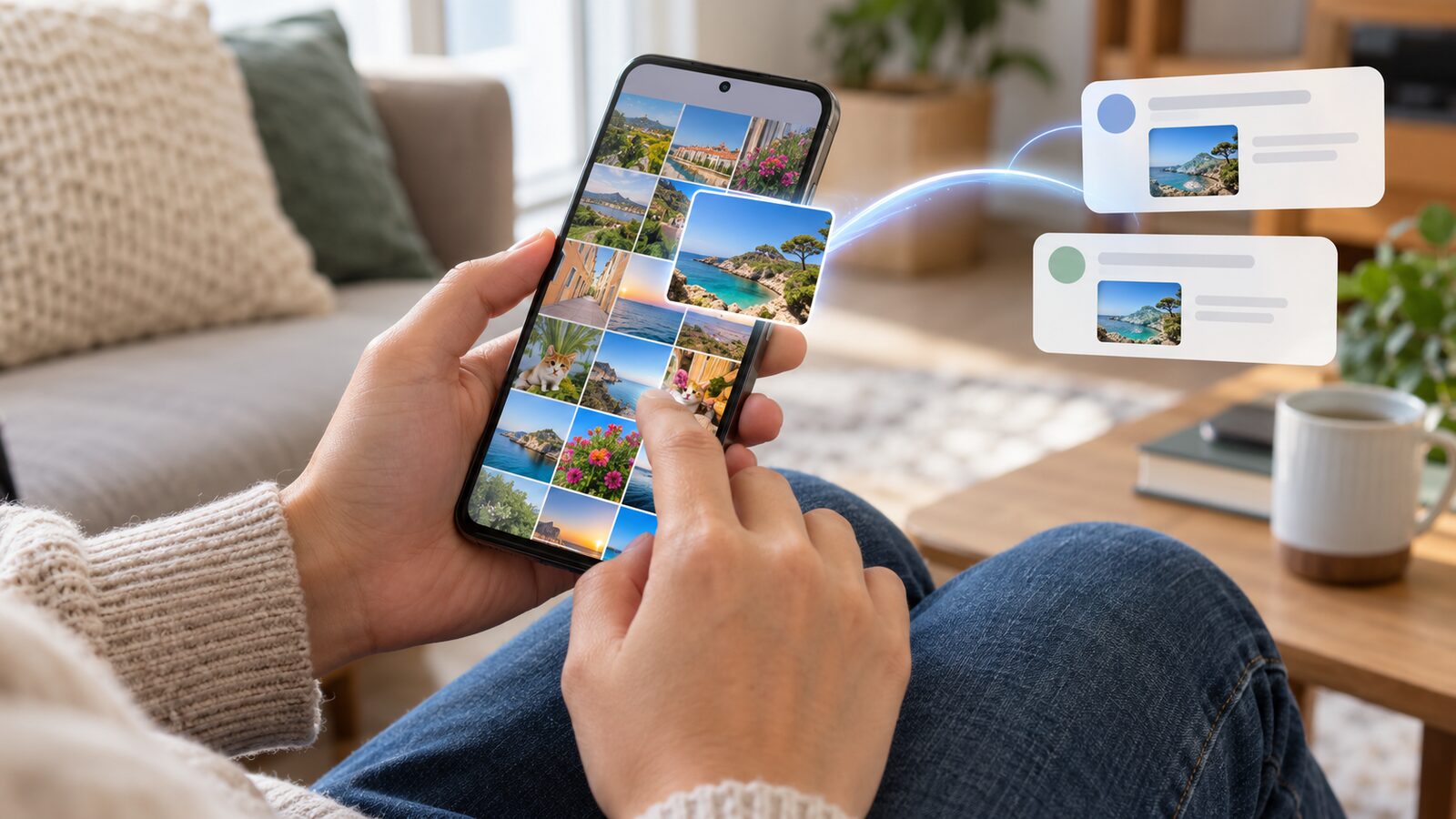 Pessoa segura um smartphone com uma galeria de fotografias enquanto uma imagem é partilhada para duas mensagens ilustradas.